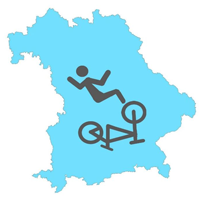 Eine Bayernkarte mit blauem Hintergrund. Auf der Bayernkarte ist ein Piktogramm einer liegenden Person und eines umgedreht liegenden Fahrrads zu sehen ©Bayerisches Staatsministerium für Wohnen, Bau und Verkehr Eine Bayernkarte mit blauem Hintergrund. Auf der Bayernkarte ist ein Piktogramm einer liegenden Person und eines umgedreht liegenden Fahrrads zu sehen ©Bayerisches Staatsministerium für Wohnen, Bau und Verkehr